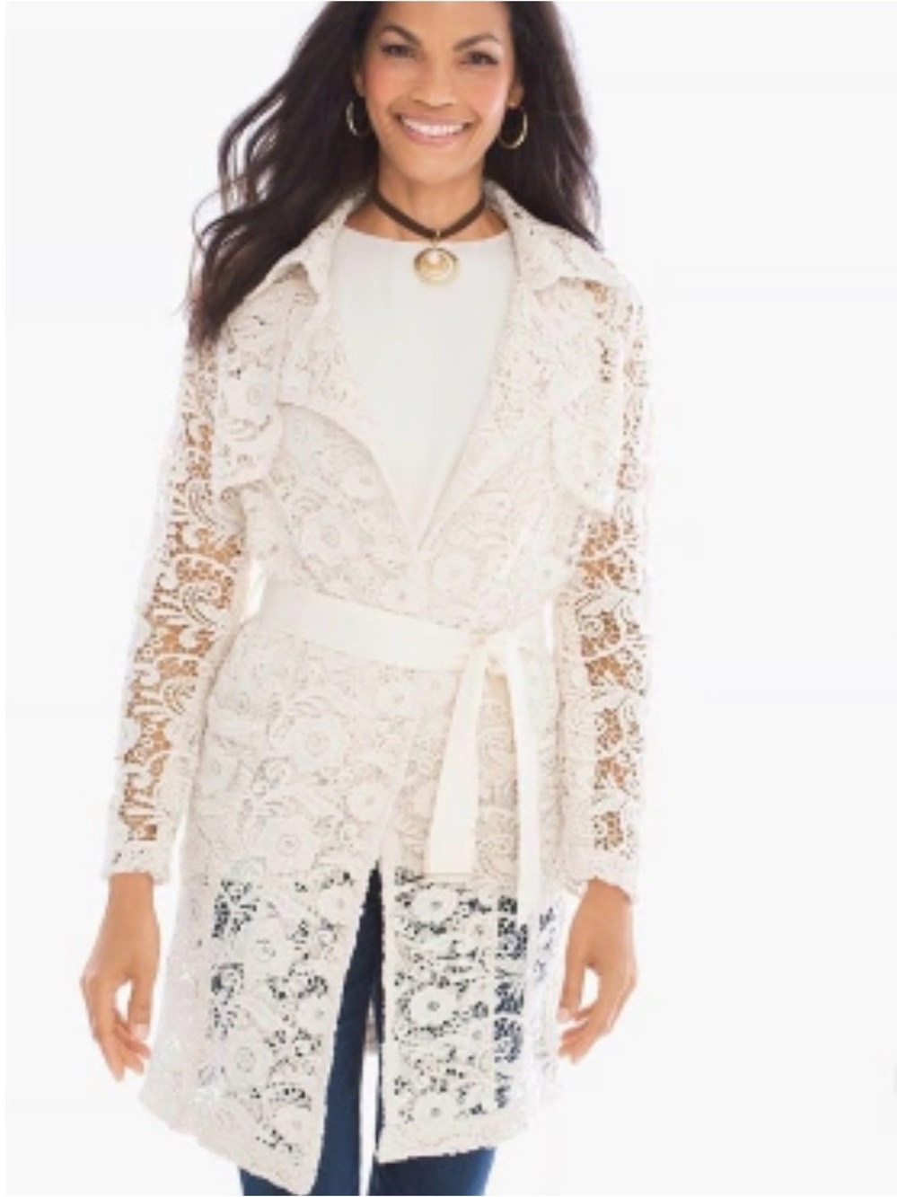 Chico's Cream Crochet Lace Trench Coat with Belt